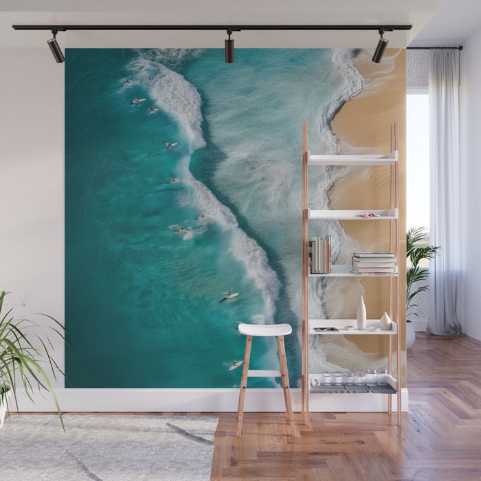 Surfers at Shore - Aerial Beach Photography Wall Mural Gallery Image 1