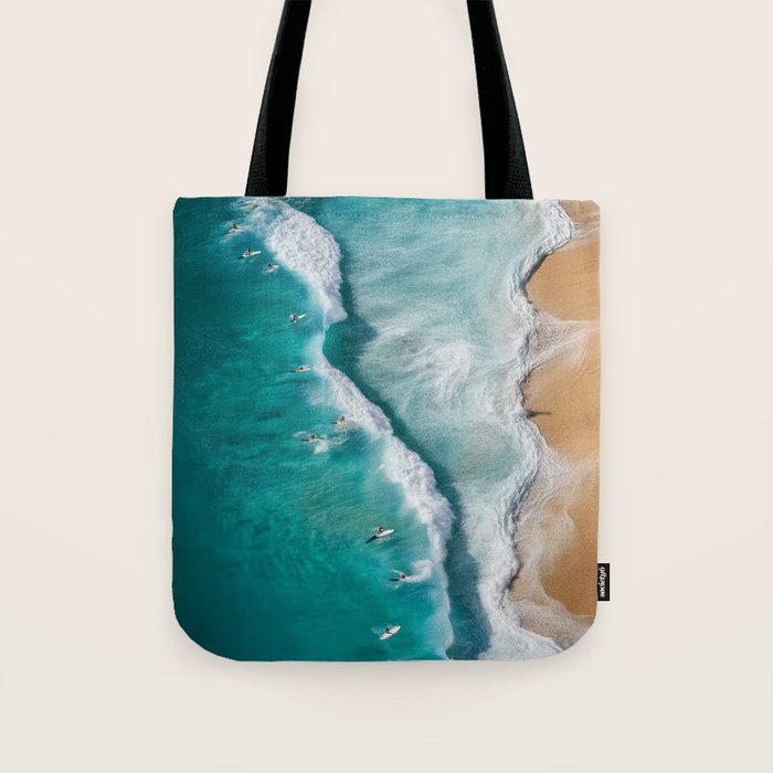 Surfers at Shore - Aerial Beach Photography Tote Bag Gallery Image 1