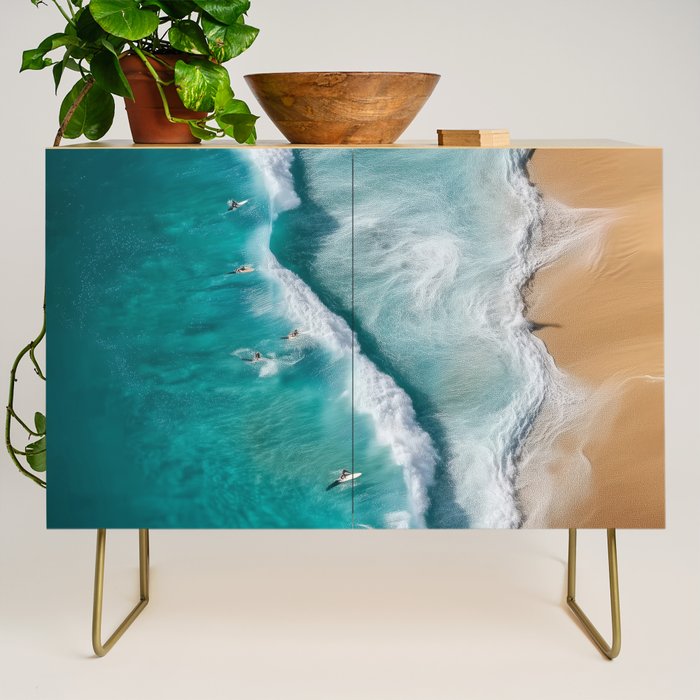 Surfers at Shore - Aerial Beach Photography Credenza Gallery Image 1