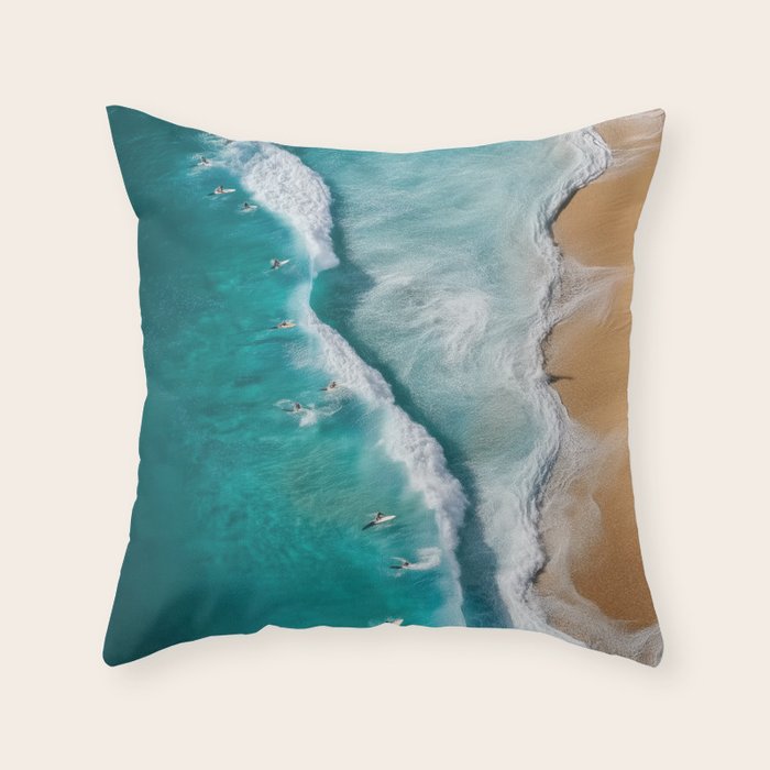 Surfers at Shore - Aerial Beach Photography Throw Pillow Gallery Image 1