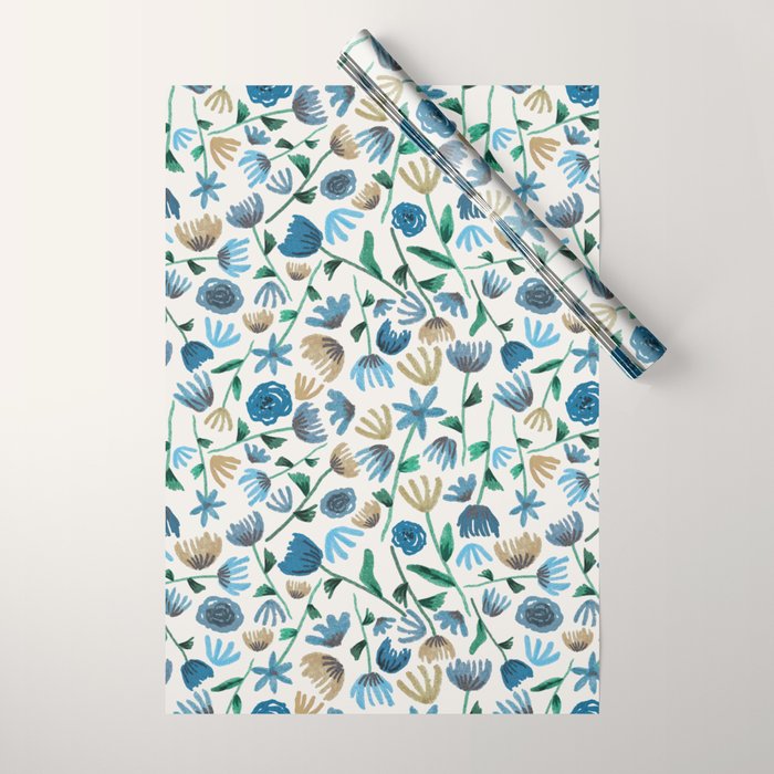 Colorful Blue Floral Pattern Wrapping Paper Gallery Image 1