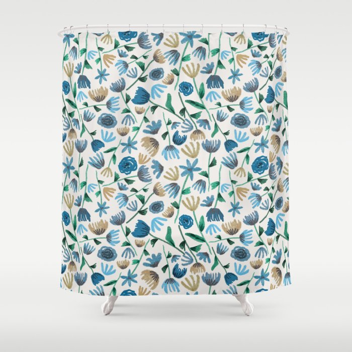 Colorful Blue Floral Pattern Shower Curtain Gallery Image 1