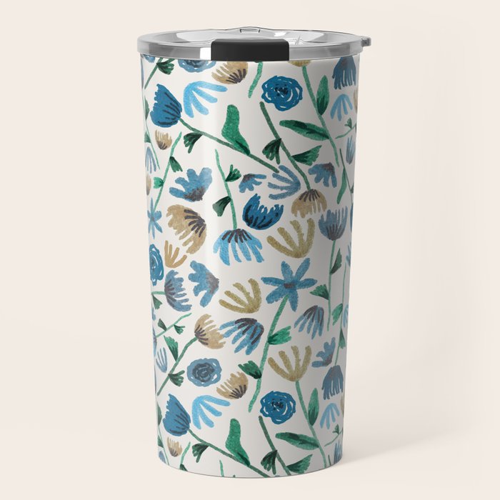 Colorful Blue Floral Pattern Travel Mug Gallery Image 1