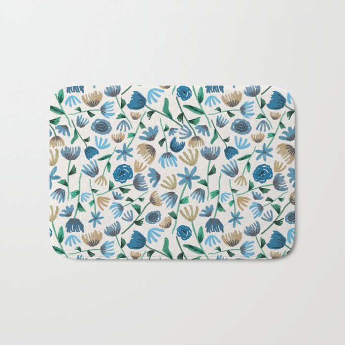 Colorful Blue Floral Pattern Bath Mat Gallery Image 1