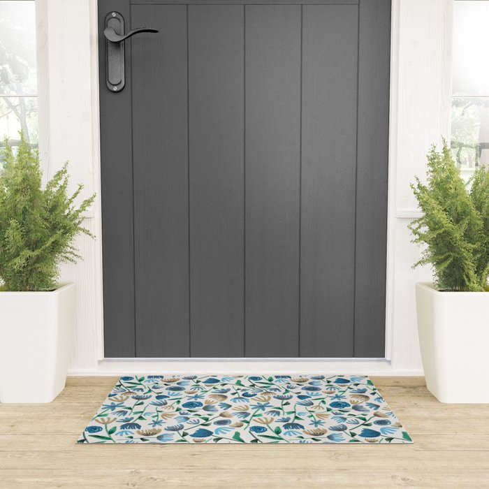 Colorful Blue Floral Pattern Welcome Mat Gallery Image 3