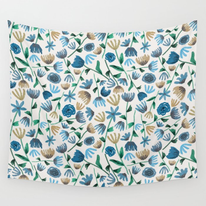 Colorful Blue Floral Pattern Wall Tapestry Gallery Image 4