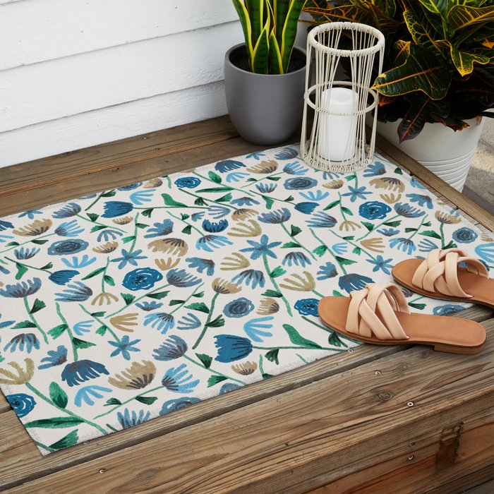 Colorful Blue Floral Pattern Outdoor Rug Gallery Image 2