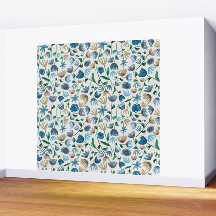 Colorful Blue Floral Pattern Wall Mural Gallery Image 2