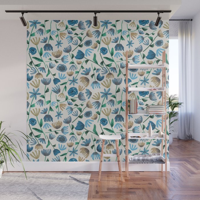 Colorful Blue Floral Pattern Wall Mural Gallery Image 1