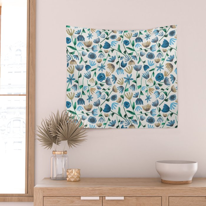 Colorful Blue Floral Pattern Wall Tapestry Gallery Image 2