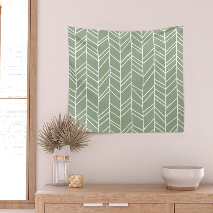 Rustic Herringbone in Sage Green Wall Tapestry Gallery Image 2