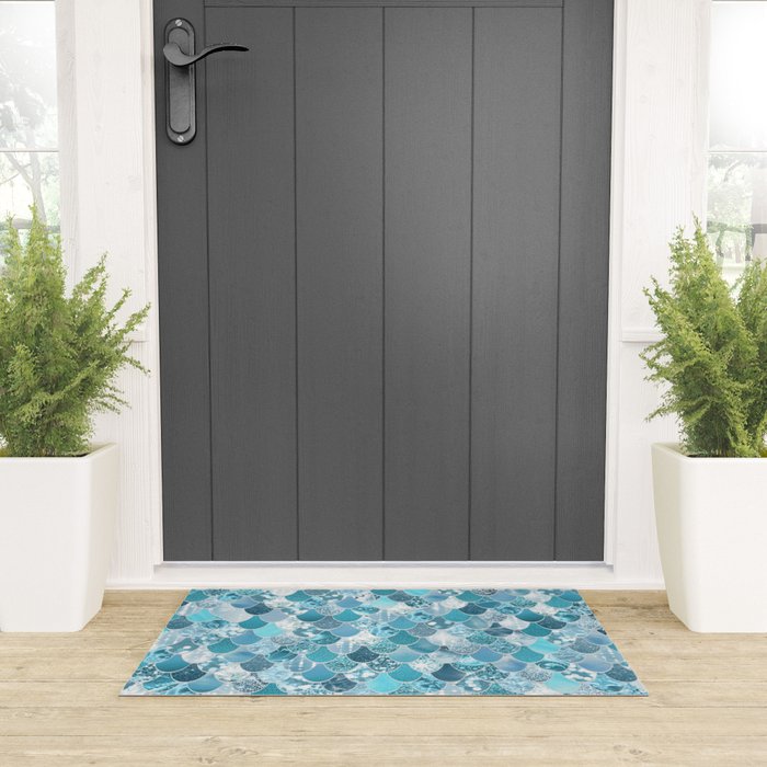 Cute Mermaid Scales, Teal and Aqua Welcome Mat Gallery Image 3