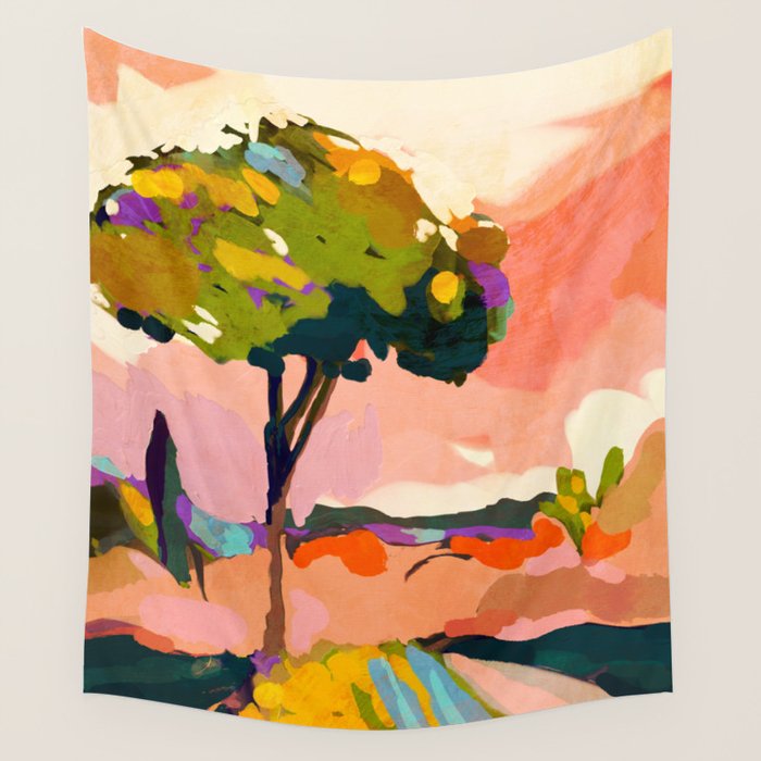 sundown with tree landscape Wall Tapestry Gallery Image 1
