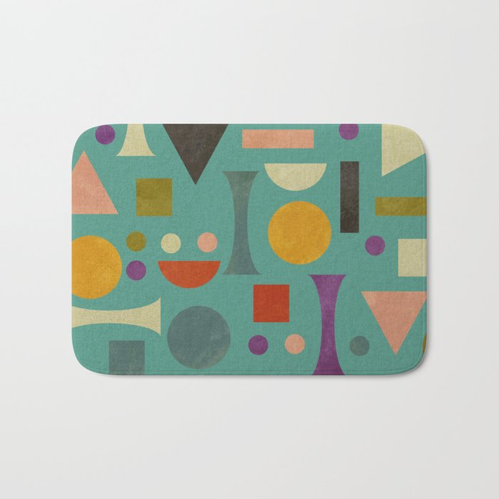 Playful Bauhaus geometric shapes on turquoise Bath Mat Gallery Image 1