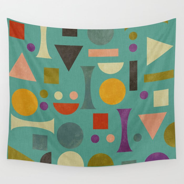 Playful Bauhaus geometric shapes on turquoise Wall Tapestry Gallery Image 4