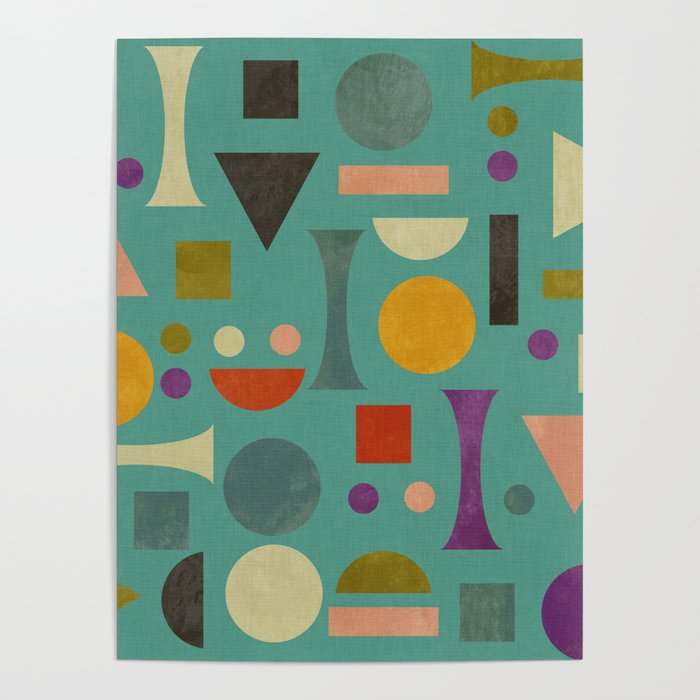 Playful Bauhaus geometric shapes on turquoise Poster Gallery Image 4