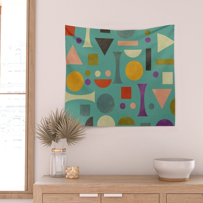 Playful Bauhaus geometric shapes on turquoise Wall Tapestry Gallery Image 2