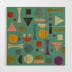 Playful Bauhaus geometric shapes on turquoise Wood Wall Art Gallery Image 1
