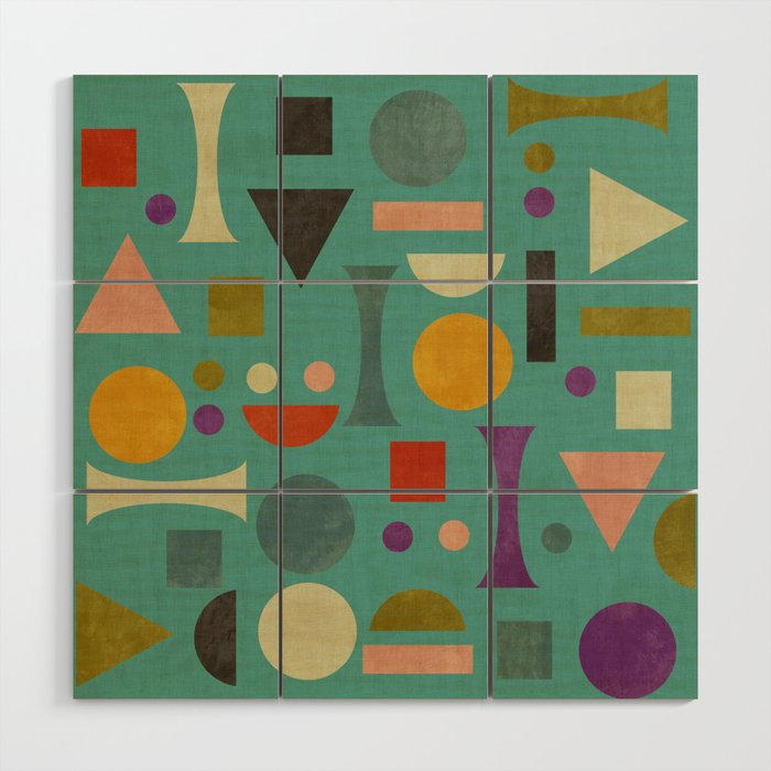 Playful Bauhaus geometric shapes on turquoise Wood Wall Art Gallery Image 1