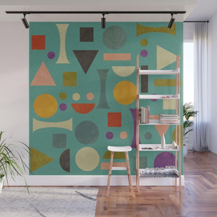 Playful Bauhaus geometric shapes on turquoise Wall Mural Gallery Image 1