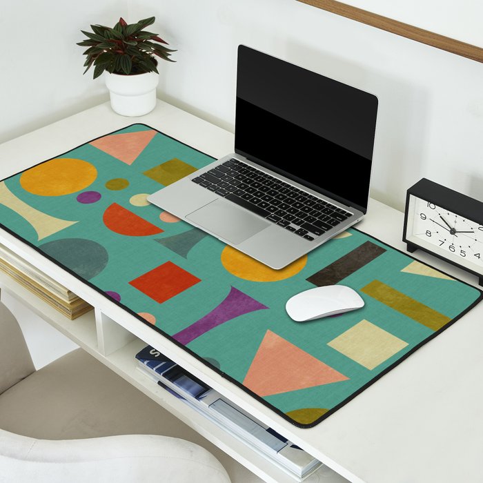 Playful Bauhaus geometric shapes on turquoise Desk Mat Gallery Image 2