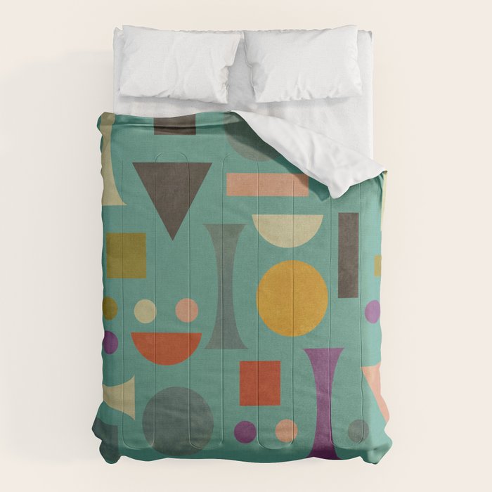 Playful Bauhaus geometric shapes on turquoise Comforter Gallery Image 6