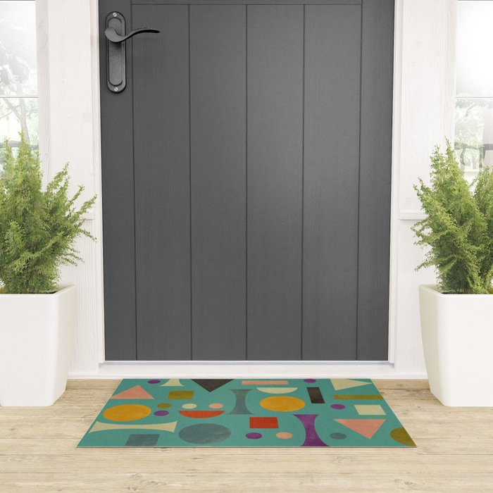 Playful Bauhaus geometric shapes on turquoise Welcome Mat Gallery Image 3