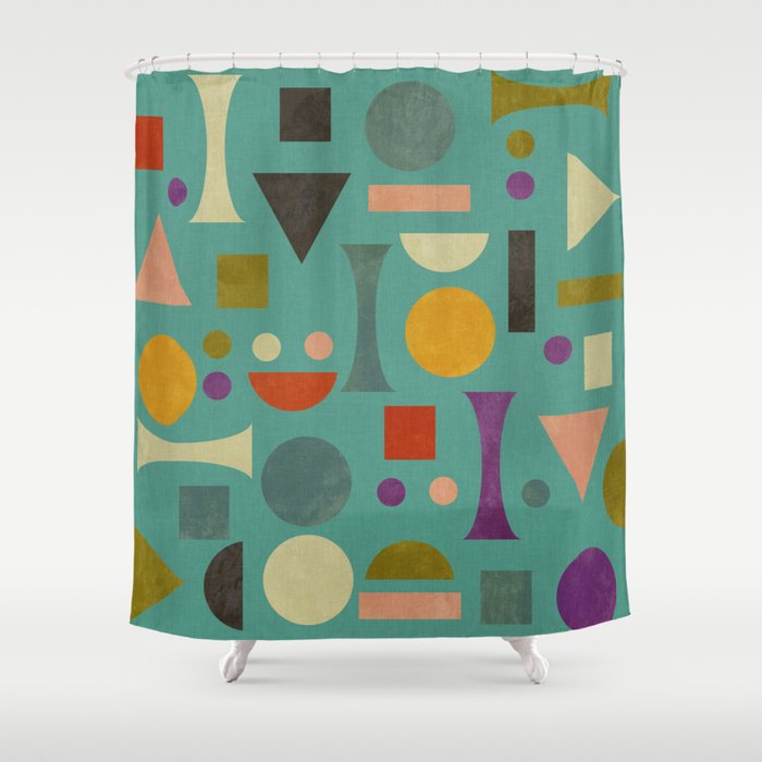 Playful Bauhaus geometric shapes on turquoise Shower Curtain Gallery Image 1