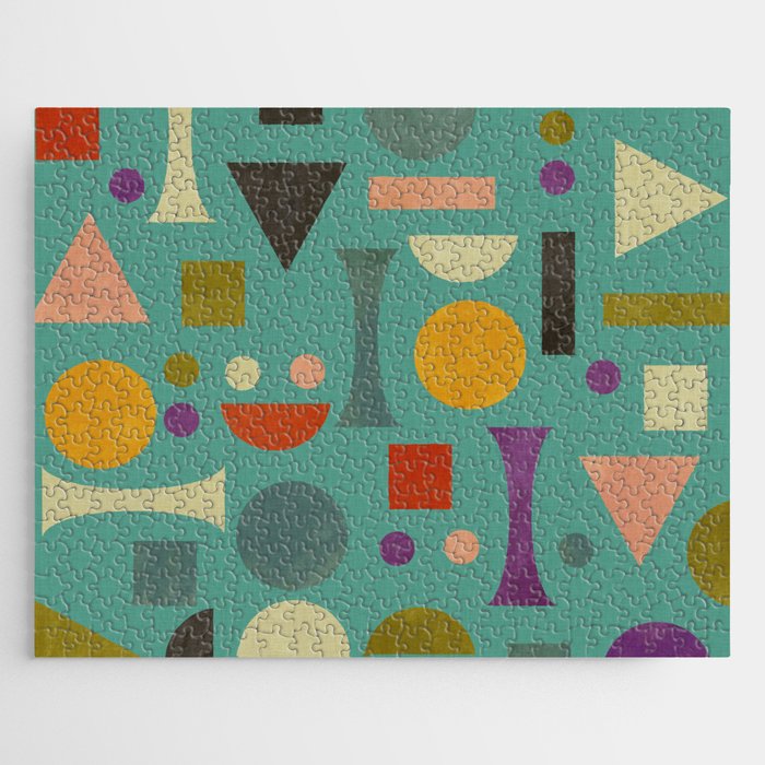 Playful Bauhaus geometric shapes on turquoise Jigsaw Puzzle Gallery Image 1