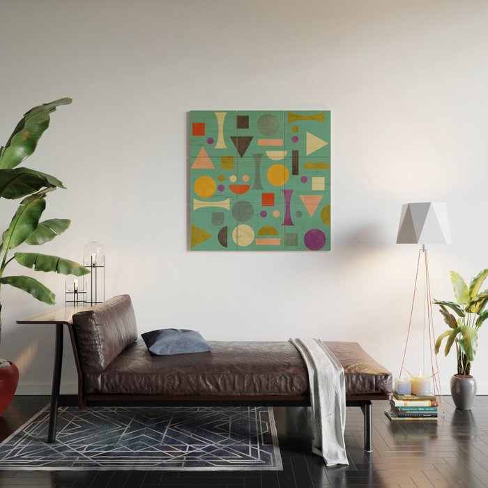 Playful Bauhaus geometric shapes on turquoise Wood Wall Art Gallery Image 2