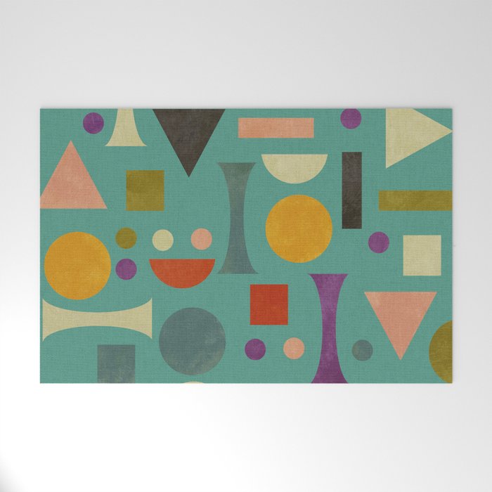 Playful Bauhaus geometric shapes on turquoise Welcome Mat Gallery Image 1