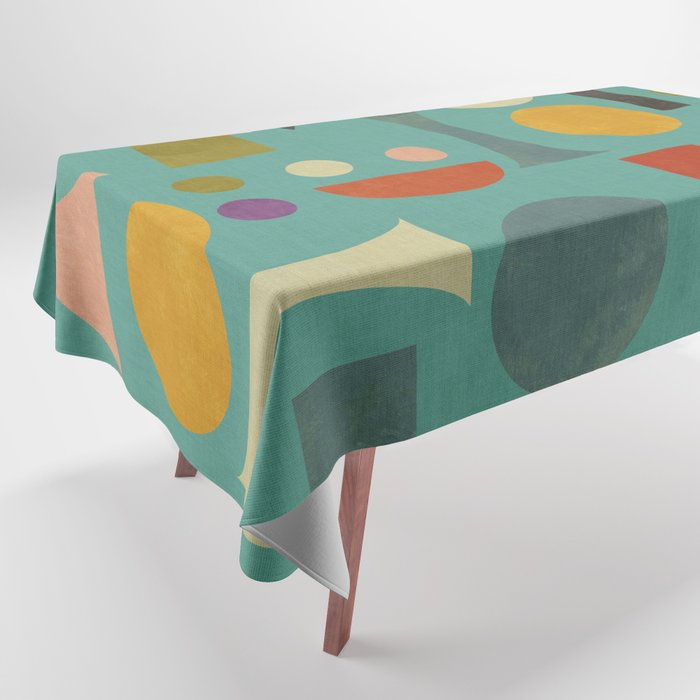 Playful Bauhaus geometric shapes on turquoise Tablecloth Gallery Image 1