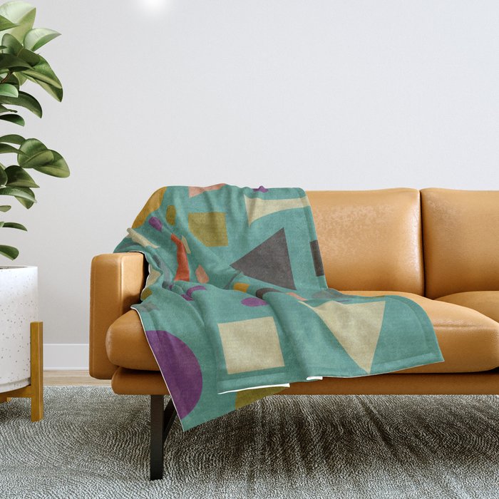 Playful Bauhaus geometric shapes on turquoise Throw Blanket Gallery Image 1