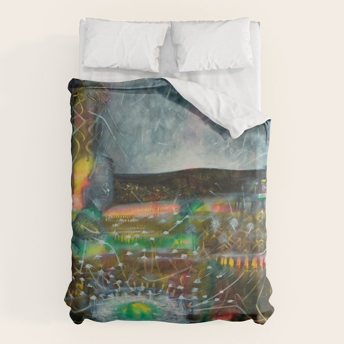 To Cover the Earth with a New Dew, Northern Lights fantastical landscape painting by Robert Matta Duvet Cover Gallery Image 1
