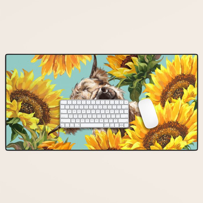 Highland Cow with Sunflowers in Blue Desk Mat Gallery Image 1