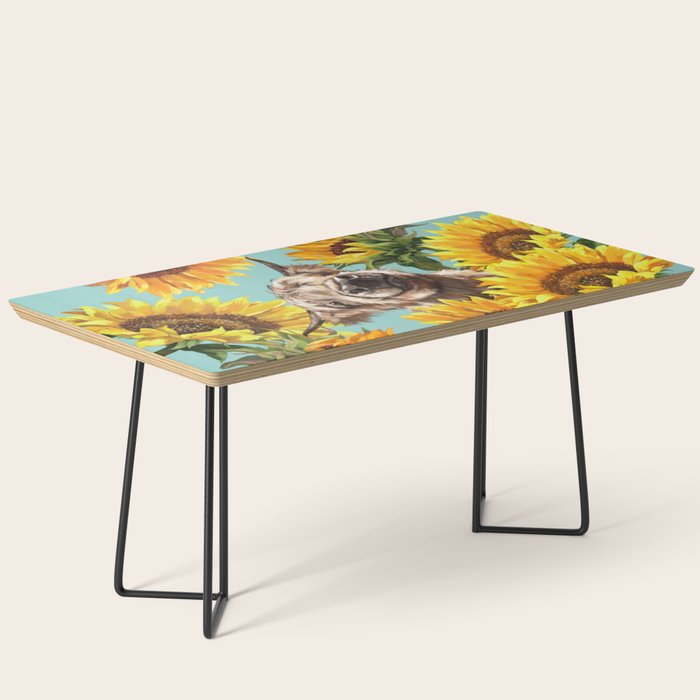 Highland Cow with Sunflowers in Blue Coffee Table Gallery Image 1