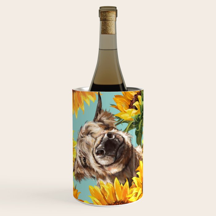 Highland Cow with Sunflowers in Blue Wine Chiller Gallery Image 1