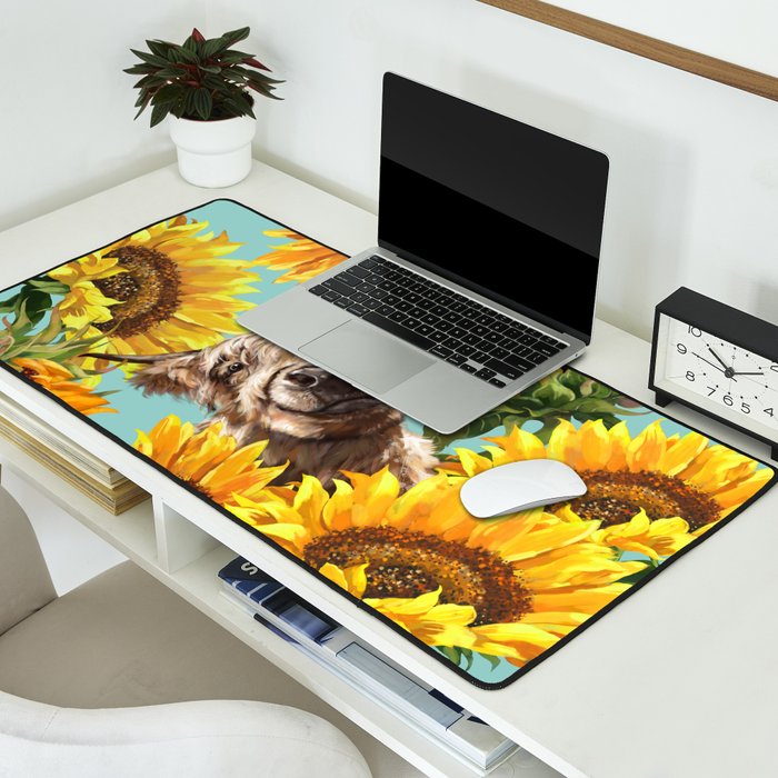 Highland Cow with Sunflowers in Blue Desk Mat Gallery Image 2