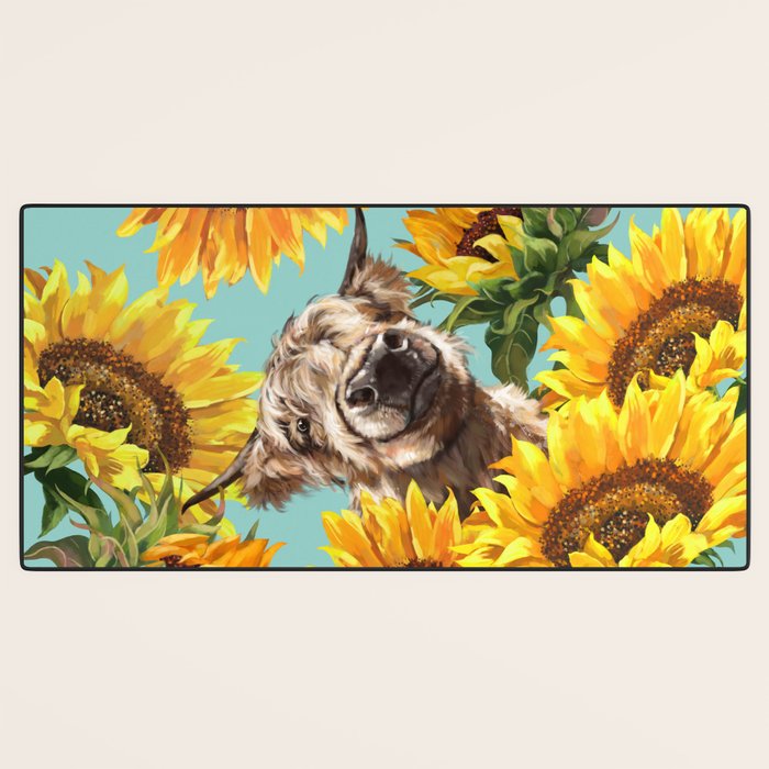 Highland Cow with Sunflowers in Blue Desk Mat Gallery Image 3