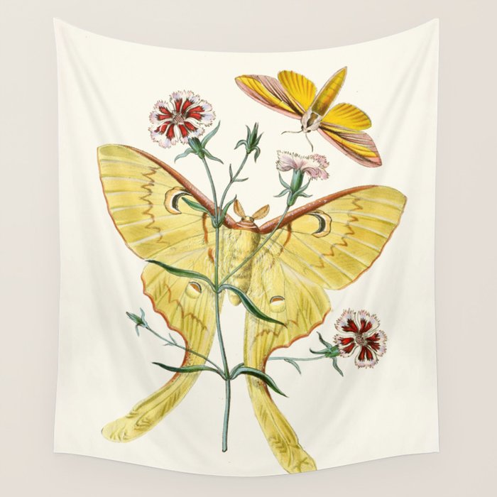 Vintage Yellow Moth with Wildflowers Natural History Insect Design Wall Tapestry Gallery Image 4