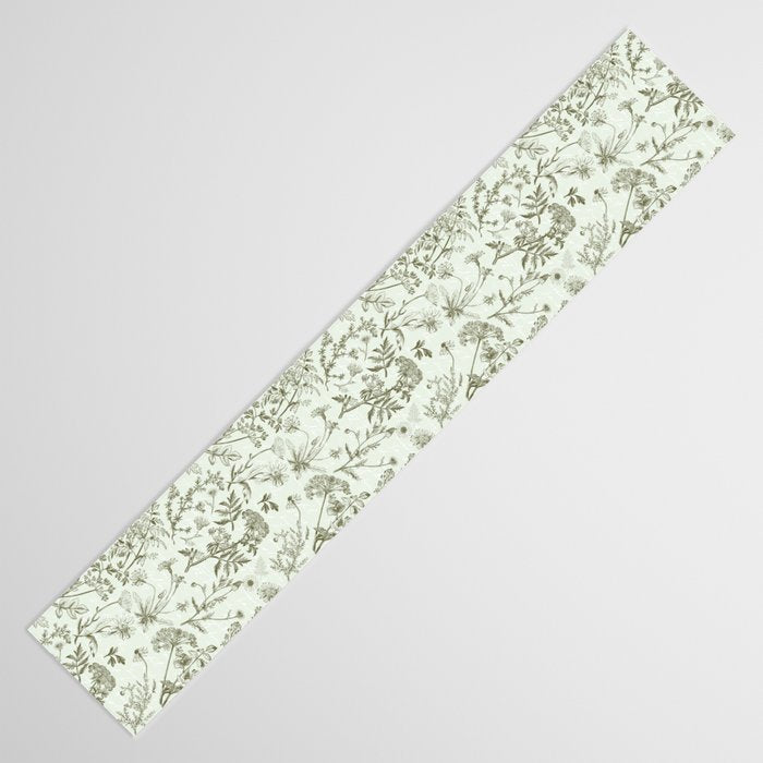 Meadow Floral Herbarium Cottagecore  Botanical Monochromatic Pattern - Pistachio Green  Table Runner Gallery Image 3