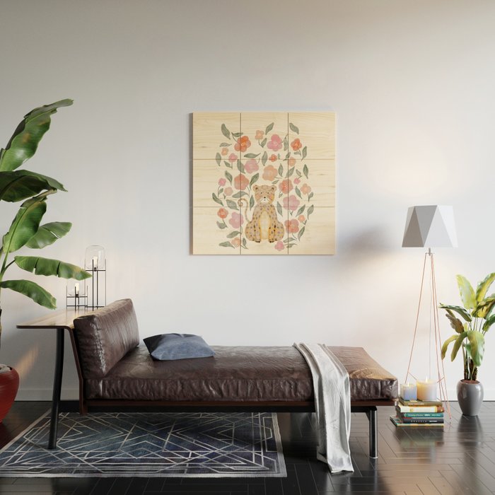 Adorable Floral Cheetah: Charming Watercolor Illustration Wood Wall Art Gallery Image 2