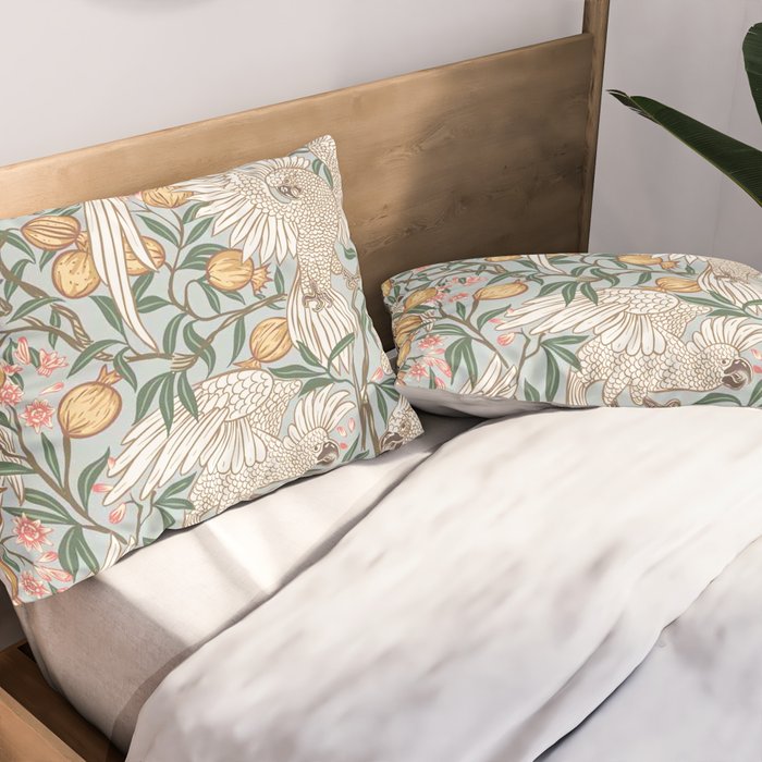 Walter Crane Parakeets Arts & Crafts Design Pale Blue Pillow Sham Gallery Image 2