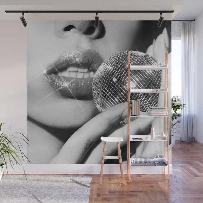 Disco Ball Female Lips - Black And White Modern Wall Art Photograph - Home Decor Wall Mural Gallery Image 1