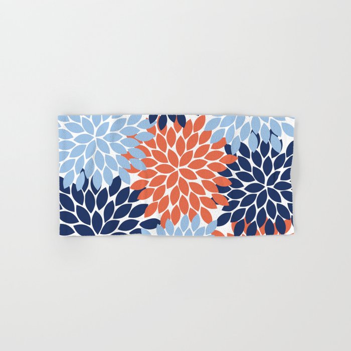 Navy Blue Orange Flower Burst Floral Pattern Dahlia Flower Petals Bath Towel Gallery Image 1