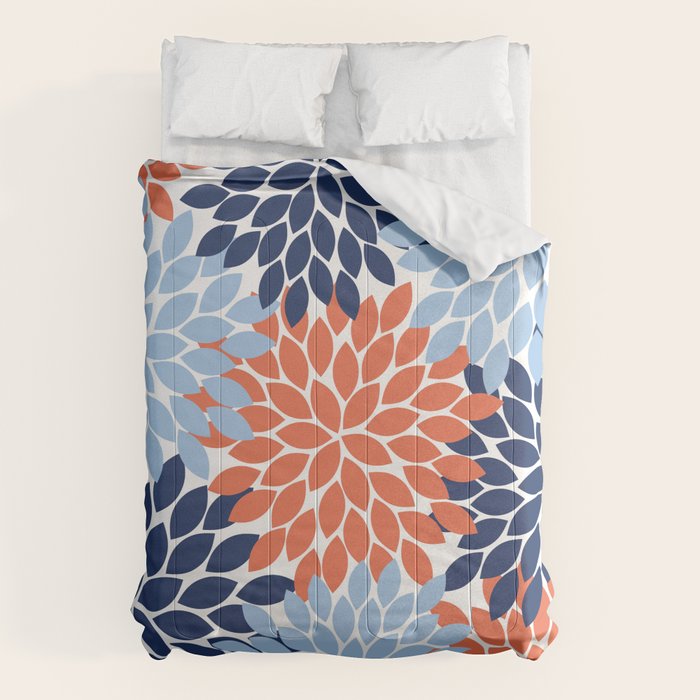 Navy Blue Orange Flower Burst Floral Pattern Dahlia Flower Petals Comforter Gallery Image 6