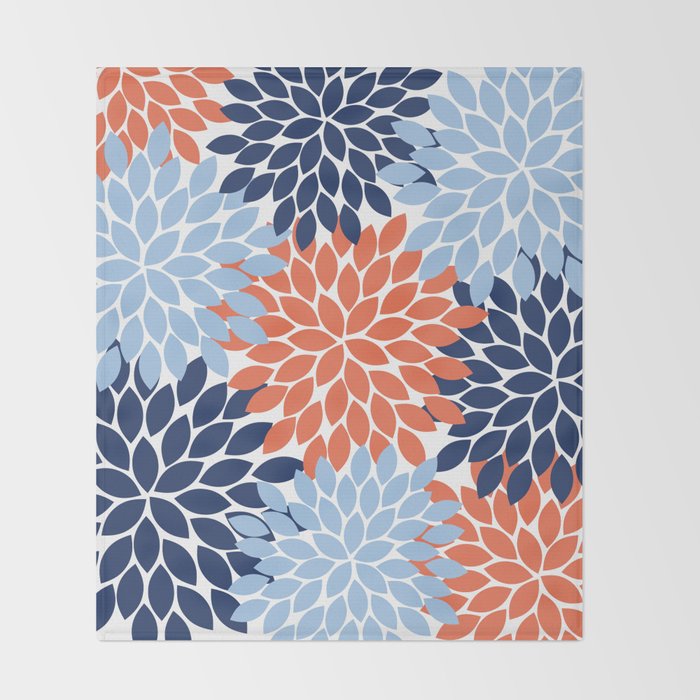 Navy Blue Orange Flower Burst Floral Pattern Dahlia Flower Petals Throw Blanket Gallery Image 2