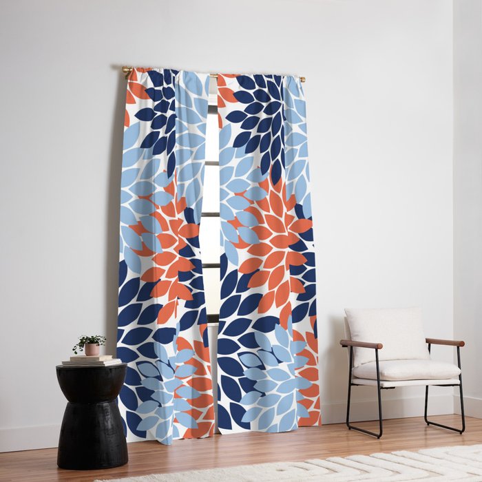 Navy Blue Orange Flower Burst Floral Pattern Dahlia Flower Petals Window Curtain Gallery Image 2