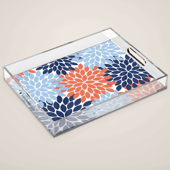Navy Blue Orange Flower Burst Floral Pattern Dahlia Flower Petals Acrylic Tray Gallery Image 1