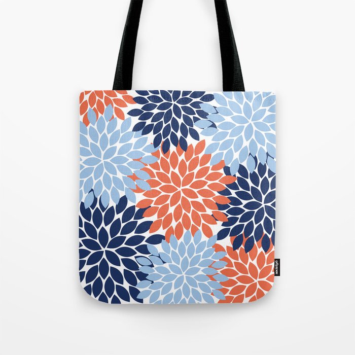 Navy Blue Orange Flower Burst Floral Pattern Dahlia Flower Petals Tote Bag Gallery Image 1